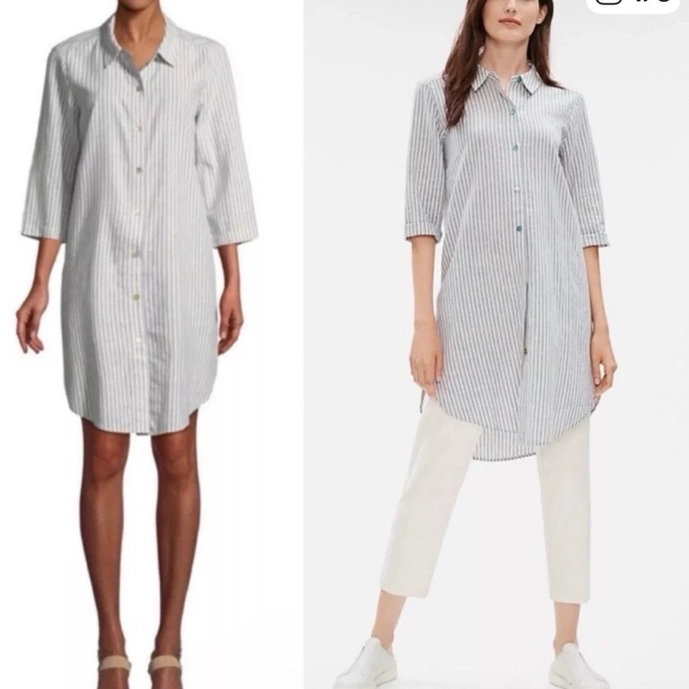 Eileen Fisher  Hemp/Cotton Woven Blue & White Ticking Shirtwaist Dress, L